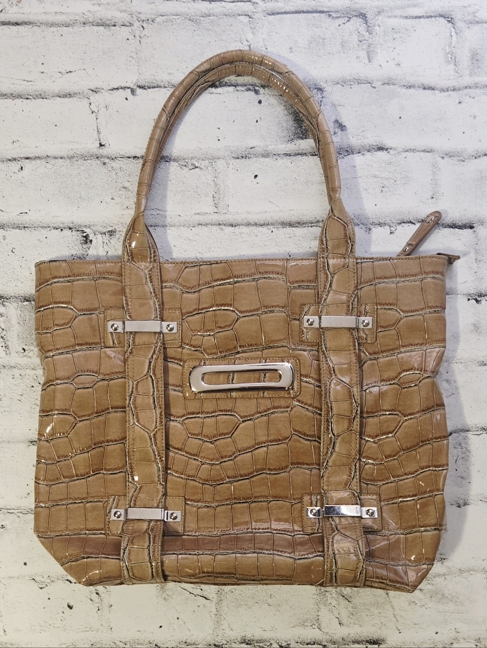 Black Label La Diva Croc Patent Tote Beige Structured Work Bag